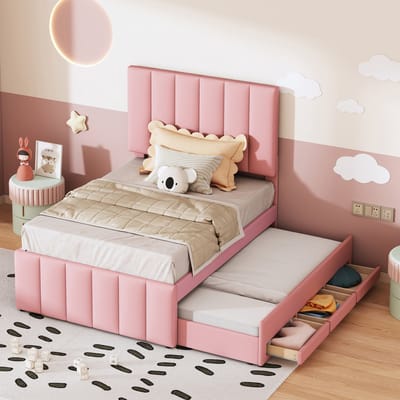 Gestoffeerd bed van 90 x 200 cm met uitklapbaar bed en opberglades, gemaakt van zachte linnen stof, geschikt als eenpersoons stapelbed, kinderbed, tienerbed of logeerbed (roze).