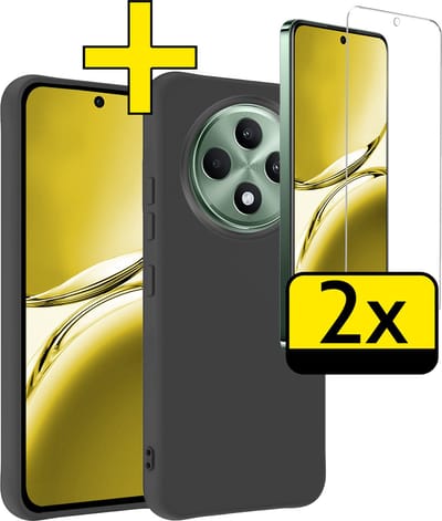 Hoesje - Met 2x Screenprotector - Geschikt voor Oppo Reno 12 F - Sterk & Shockproof - Back Cover - Siliconen Case - Telefoon Hoes - Telefoonhoesjes - Zwart