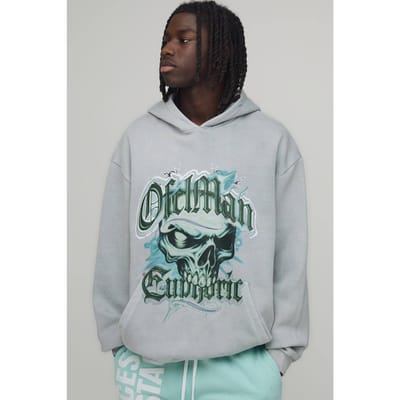 Oversized Hoodie Met Verwassen Euforie Schedel Print | Grey | Size XS