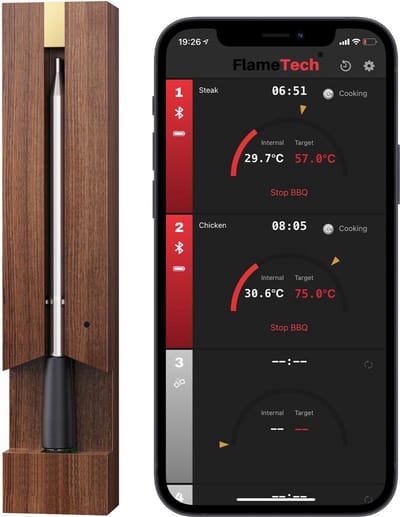 FlameTech® One | De ultieme draadloze vleesthermometer met 90m bereik | Voor Oven, Grill, BBQ, Pannen & Rotisserie | Temperatuurmeter met bluetooth app