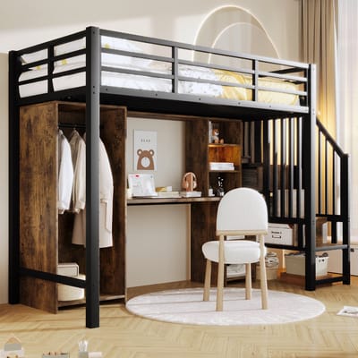 DESMIU Hoogslaper 90 x 200 cm - Met Ingebouwde Kledingkast, Bureau En Opbergtrappen - Multifunctioneel Bed Voor Slaapkamer - Metaal En MDF - Zwart - Zonder Matras