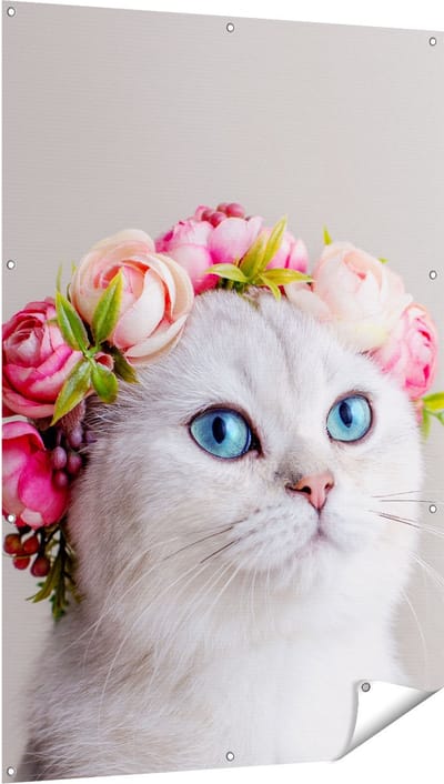 Gards Tuinposter Kat met een Bloemen Kroon - 100x150 cm - Tuindoek - Tuindecoratie - Wanddecoratie buiten - Tuinschilderij