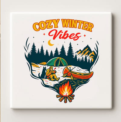 Cozy Winter Vibes Tegel – 15x15 cm Keramische Wanddecoratie – Kampeer & Natuur Geïnspireerde Woondecoratie – Perfect Wintercadeau voor Buitenliefhebbers