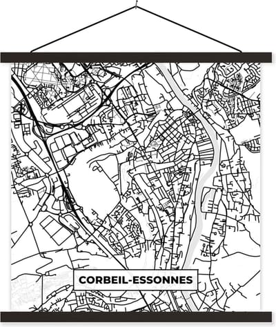 Posterhanger incl. Poster 60x60 cm - Schoolplaat - Stadskaart - Corbeil-Essonnes - Plattegrond - Kaart - Frankrijk - Zwart wit - Textielposter - Zwarte latten - Stadskaart
