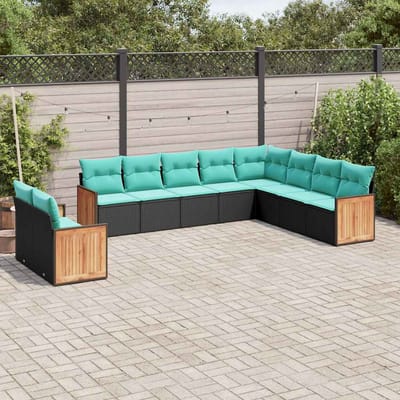 vidaXL - 10-delige - tuinbankset - met - kussens - van - zwart - polyrotan