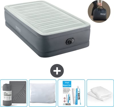 Intex Luchtbed - 1-Persoons - 99 x 191 x 46 cm - Grijs - Inclusief pomp - Hoeslaken - Kussen - Kussenbeschermer en Reparatieset