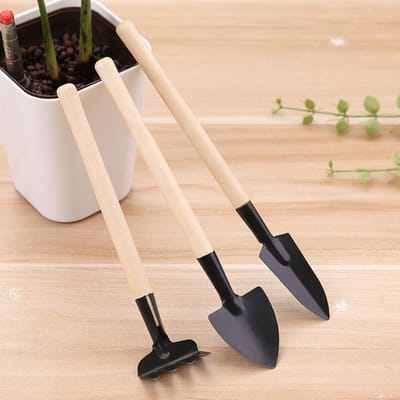 Complete Set van 3 Tuingereedschappen met Houten Handvatten voor Binnenplanten, Succulenten en Potplanten - Mini Schep, Grondschep en Hark voor Verpotten en Onderhoud