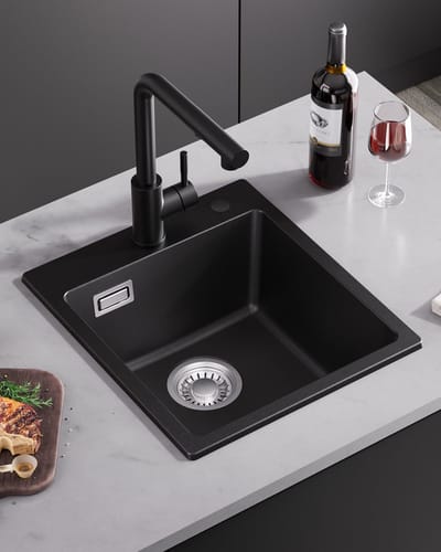 Sofetiy MAX Spoelbak Keuken 40x45 cm - Gootsteen Zwart - Composiet Spoelbak - Enkele Wasbak Met Kraangat - Inclusief Sifon