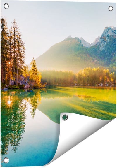 Gards Tuinposter Zonsopgang bij het Meer in de Herfst - 40x50 cm - Tuindoek - Tuindecoratie - Wanddecoratie buiten - Tuinschilderij