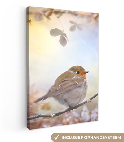 Canvas schilderij 20x30 cm - Wanddecoratie Vogel - Tak - Bladeren - Abstract - Muurdecoratie woonkamer - Slaapkamer decoratie - Kamer accessoires - Schilderijen op canvas