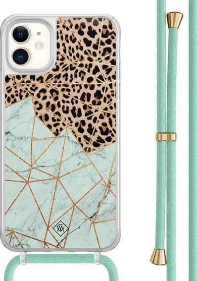 Casimoda® hoesje met mintgroen koord - Geschikt voor iPhone 11 - Luipaard Marmer Mint - Afneembaar koord - TPU/acryl - Mint