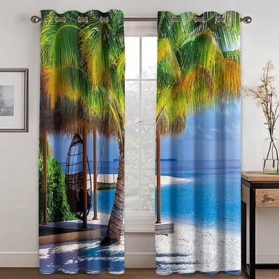 2-delige Strandgroen en Blauwe Lucht Digitale Print Semi-Transparante Gordijnen Oogjes voor Woonkamer Decoratie Raam cortinas 100W130H(CM)40x51in&Grommet Top