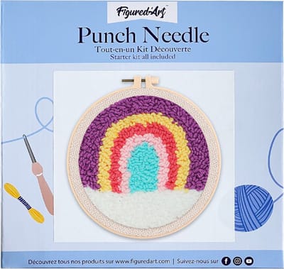 Figured'Art Punch Needle Kit voor Volwassenen en Kinderen - Pastel Regenboog - Perfect voor Beginners. Compleet klaar-om-te-borduren set, maat 20x20 cm met ronde frame