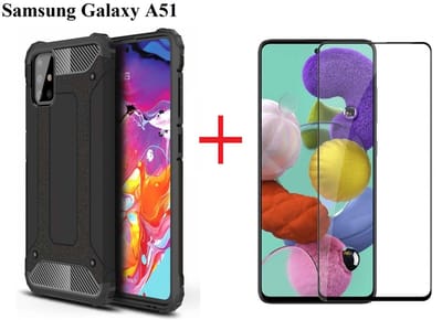 Hoesje Geschikt Voor Samsung Galaxy A51 Screen Protecter Zwart + Armor Hoesje Zwart