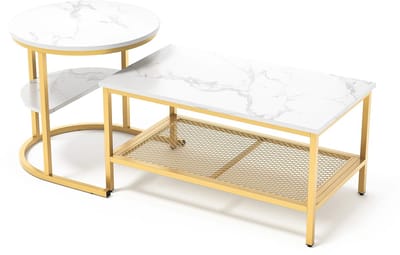 Delightness Salontafels - Set Van 2 - Salontafel - Bijzettafels - Salontafel Rond - Salon Tafel Rechthoekig - Marmer - Wit - Goud