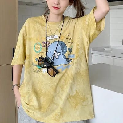 Koreaanse Tie-dye Cartoon Korte Mouwen Dames Zomer Nieuw Japanse Stijl Casual Los Veelzijdig Bedrukt T-shirt Top 2XL geel