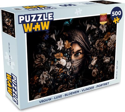 Puzzel Vrouw - Luxe - Bloemen - Vlinder - Portret - Legpuzzel - Puzzel 500 stukjes