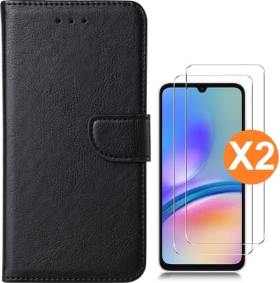 Hoesje geschikt voor Samsung Galaxy A05s bookcase Zwart - Met screenprotector tempered glass Galaxy A05s - 2x
