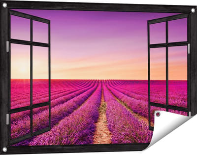 Gards Tuinposter Doorkijk Paarse Lavendel Bloemenveld - 90x60 cm - Tuindoek - Tuindecoratie - Wanddecoratie buiten - Tuinschilderij