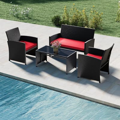 Tuinmeubelset 4-delig 107 x 63 x 78 cm – Polyrotan Loungeset met 2 Stoelen, Tweezitsbank en Glazen Tafel – Balkon & Terras Meubels met Kussens – Zwart rood – Urbanhome