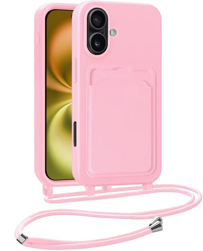 Hoesje Geschikt voor iPhone 16 Plus Telefoonhoesje Met Koord Case Pashouder Siliconen - Hoes Geschikt voor iPhone 16 Plus Hoesje Met Kaarthouder - Lichtroze