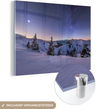 MuchoWow® Glasschilderij 40x30 cm - Schilderij acrylglas - Winter - Sneeuw - Nacht - Bomen - Foto op glas - Schilderijen