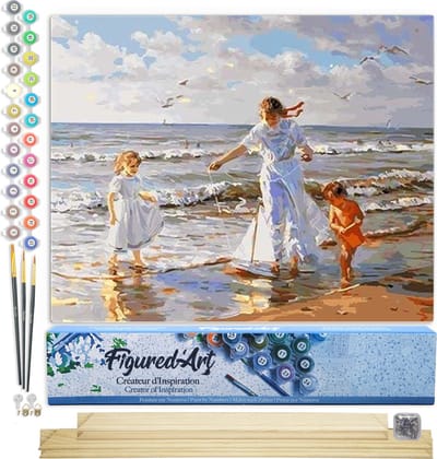 Figured'Art Schilderen op Nummer Volwassenen canvas Spelen op het strand- Handwerk acrylverf Kit DIY Compleet - 40x50cm met DIY houten lijst