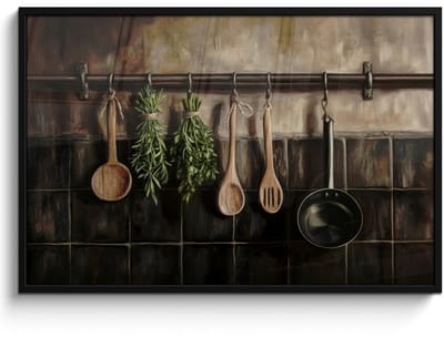 Poster in lijst - Fotolijst 120x80 cm - Posters - Keukengerei - Rustiek - Tegels - Kruiden - Posterlijst zwart - Decoratie - Wanddecoratie woonkamer - Muurdecoratie slaapkamer