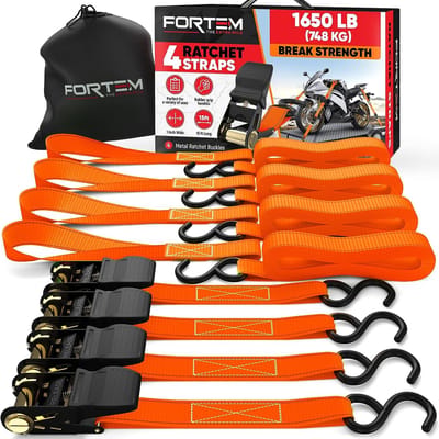 Dikke ratelriemen tot 680 kg set - 4 bevestigingsriemen 457 m - zachte handgrepen - motorfiets - gecoate metalen haken - inclusief tas (oranje)