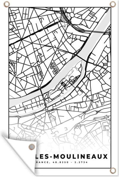 Muurdecoratie Kaart - Stadskaart - Frankrijk - Plattegrond - Issy-les-Moulineaux - Zwart wit - 120x180 cm - Tuinposter - Tuindoek