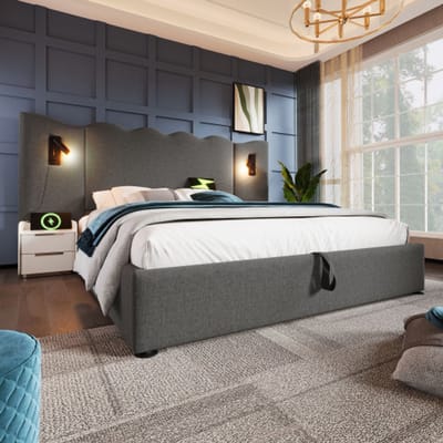 Gutent-Gestoffeerd tweepersoonsbed 180x200 cm met opbergbed-bedframe met lattenbodem-grijs-linnen (zonder matras)
