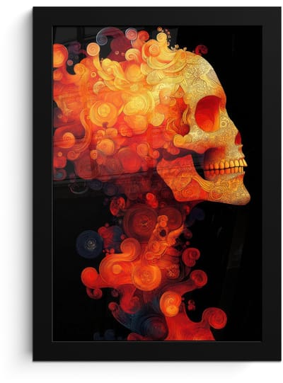Poster in lijst - Fotolijst 20x30 cm - Posters - Schedel - Oranje - Zijaanzicht - Vlammen - Posterlijst zwart - Decoratie - Wanddecoratie woonkamer - Muurdecoratie slaapkamer