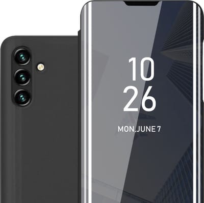Cadorabo Hoesje geschikt voor Samsung Galaxy A13 5G in TOERMALIJN ZWART - Clear View Spiegel Beschermende Case met Tribunefunctie 360 Graden Bescherming Book Case Cover Etui