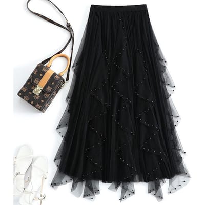 Jupe mi-longue en gaze à taille haute et irrégulière pour femme, jupe mi-longue en maille à perles clouées, printemps et été M noir