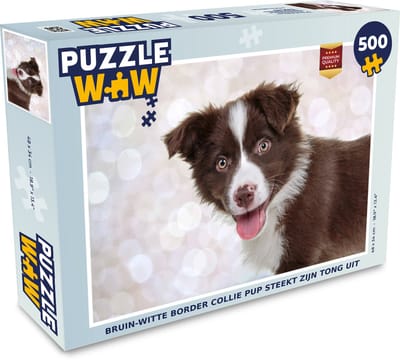 Puzzel Bruin-witte border collie pup steekt zijn tong uit - Legpuzzel - Puzzel 500 stukjes