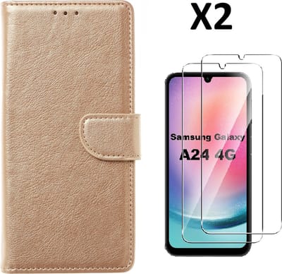 Hoesje Geschikt Voor Samsung Galaxy A24 hoesje bookcase portemonnee Met 2x screenprotector / Beschermglas - Goud