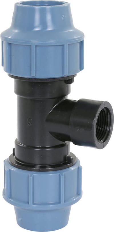 Unidelta T-stuk 90° PP 16 mm x 1/2" x 16 mm knel x binnendraad x knel 16bar zwart/blauw DVGW/KIWA/WRAS