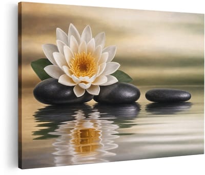 Artaza Canvas Schilderij Lotusbloem Op Stenen - Rustig Water en Natuurtinten - 90x60 cm - Wanddecoratie Woonkamer - Schilderijen - Muurdecoratie