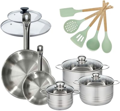 Set van 2 Pannen 20/28cm en 3 Kookpotten 16/20/24cm Fackelmann Etherna met 5 Ocean keukengerei
