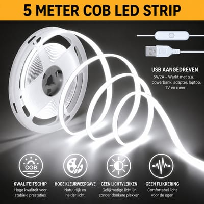 COB LED Strip 5 Meter - USB - Koud Wit 6500K – COB LED - knipbaar op maat - - aan/uit schakelaar - Verlichting voor Helder en Modern Licht - voor tv-computer - kast - gamekamer led