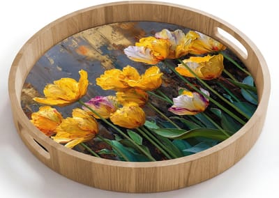 Dienblad rond 40x40 cm - Schootdienblad hout - Tulpen - Geel - Penseelstreken - Abstract - Borrelplank rechthoek - Plateau houten dienbladen