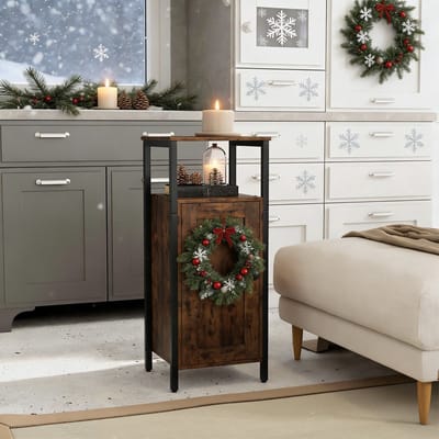 REDOM Bijzettafel industrieel design met verstelbaar binnenrek en magnetische deur — 34×30×80 cm — multiplex bruin