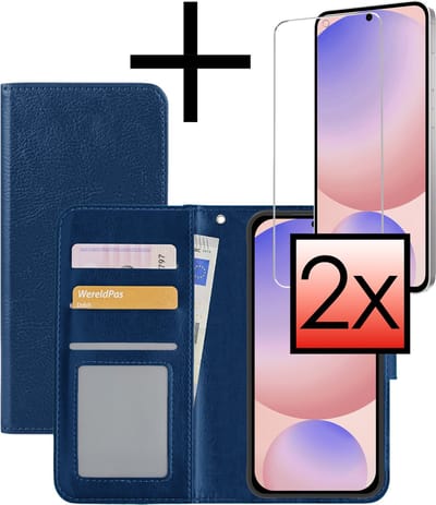 Hoesje - Met 2x Screenprotector - Geschikt voor Samsung Galaxy S24 FE - Luxe Pasjeshouder - Bookcase Portemonee - Flip Case - Kunstleer Book Case - Flipcase Hoes - Book Cover - Walletcase - Portemonneehoes - Donkerblauw