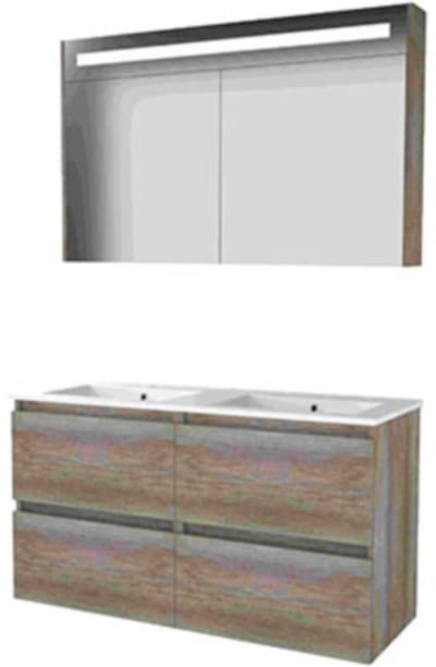 Basic-Line Premium 46 Badkamermeubelset - 120 x 46 cm - Greeploos - 4 Lades - Keramische Wastafel - 2 Kraangaten - Spiegelkast met LED Verlichting - Scotch Oak