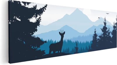 Artaza Canvas Schilderij Bergen - 60x20 cm - Wanddecoratie Bos - Muurdecoratie Hert - Kamer Accessoires Natuur - Blauw