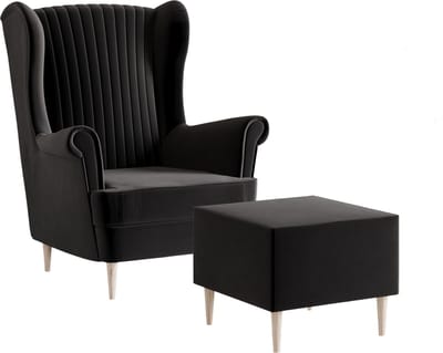 Ohrensessel, fauteuil van fluweel, stoel, zitmeubel, gestoffeerde fauteuil, relaxfauteuil - Fauteuil Comfy met Hocker - Zwart (Manila 18)