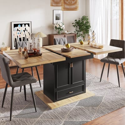 Sweiko Eettafel - Uitschuifbaar 140 cm - Houtnerf tafelblad - Opbergkast - Met lades - Zwart + Naturel