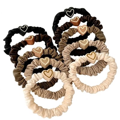 Set van 10 scrunchie haar elastiekjes in zwart, bruin en beige – elastische haar accessoires voor dames – haar elastiekjes met hart detail – multikleur