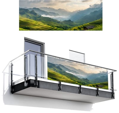 Balkonscherm 300x110 cm - Balkonposter Rijstvelden - Bergen - Groen - Natuur - Balkon scherm decoratie - Balkonschermen - Balkondoek zonnescherm