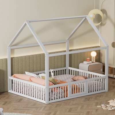 MEUNIQ Huisbed 140 x 200 cm met veiligheidshek en klein deurtje, grenenhout en MDF, wit, voor de kinderkamer